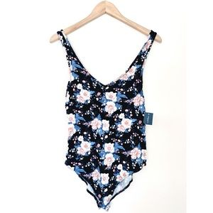 NWT AMERICAN EAGLE Floral Bodysuit Large Black Blue & Pink Rose Pattern